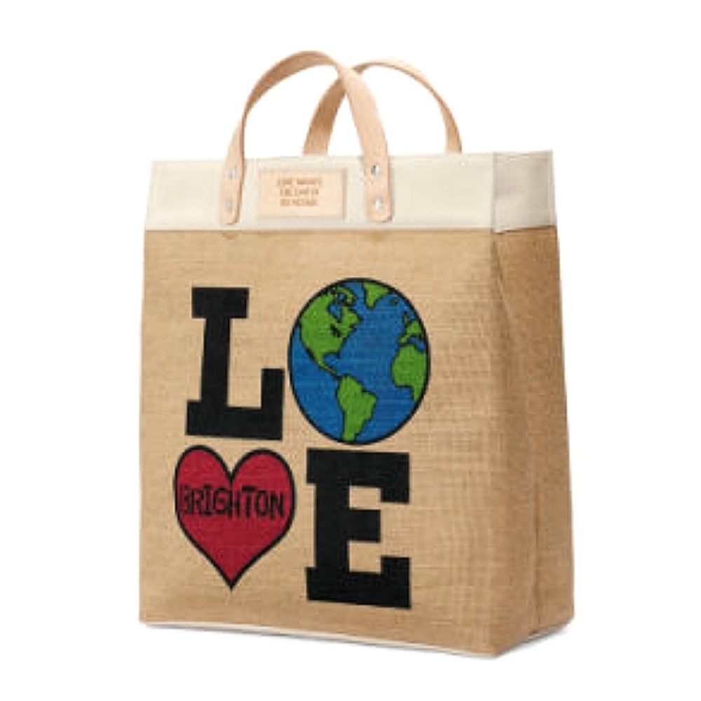 Brighton Leather Love Makes The Earth Go Round Jute Canvas Tote Shopping Bag
